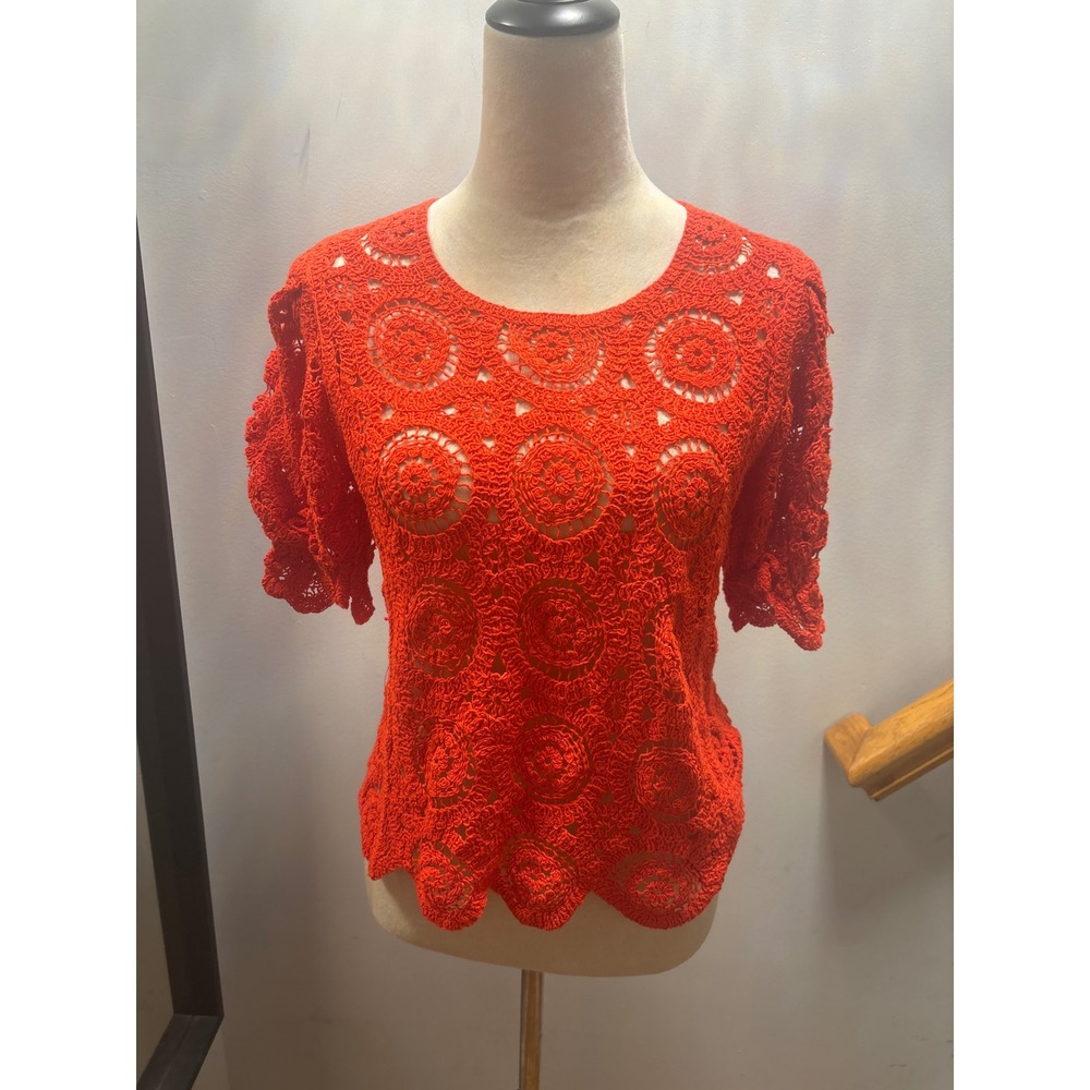 Solitaire Crochet Lace Top Womens Large Orange Red Boho Scalloped Excellent